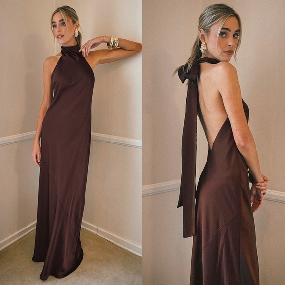 Show Me Your MuMu Dresses & Skirts - Show Me Your MUMU Lisa Maxi Dress XS Chocolate Luxe Satin Wedding Party Prom